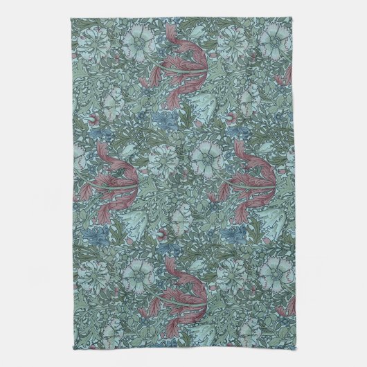 ヴィンテージフローラルパターングリーンブルーレッドホワイト キッチンタオル (縦)