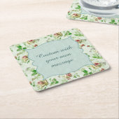 ヴィンテージフローラルパターンピンクローズカスタムメッセージ スクエアペーパーコースター (アングル)