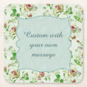 ヴィンテージフローラルパターンピンクローズカスタムメッセージ スクエアペーパーコースター (正面)