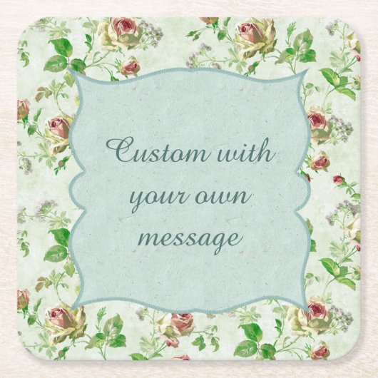 ヴィンテージフローラルパターンピンクローズカスタムメッセージ スクエアペーパーコースター (正面)