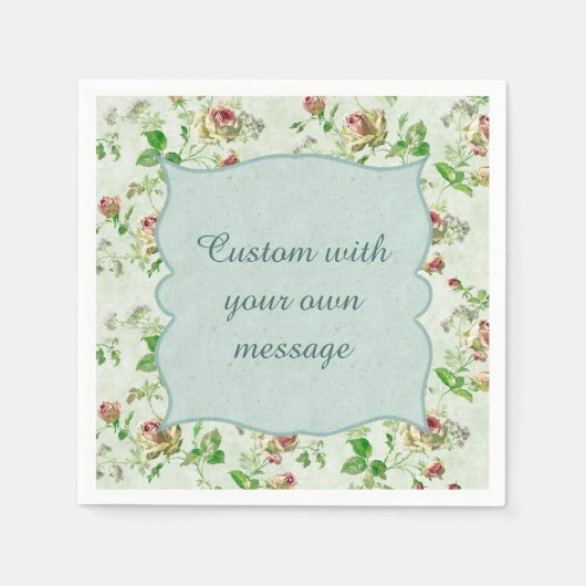 ヴィンテージフローラルパターンピンクローズカスタムメッセージ スタンダードカクテルナプキン (正面)