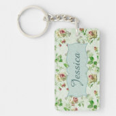 ヴィンテージフローラルパターンピンクローズパーソナライズされた キーホルダー (正面)