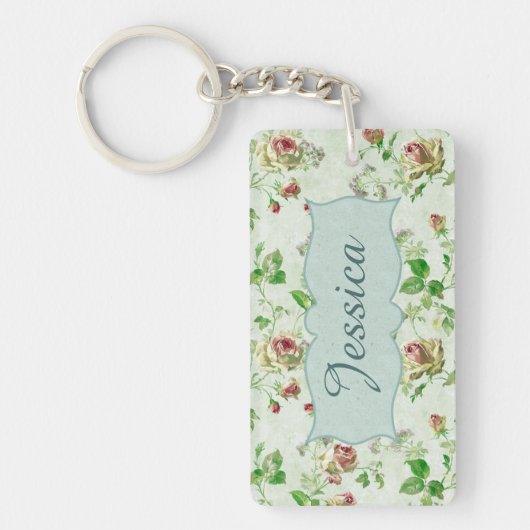 ヴィンテージフローラルパターンピンクローズパーソナライズされた キーホルダー (正面)