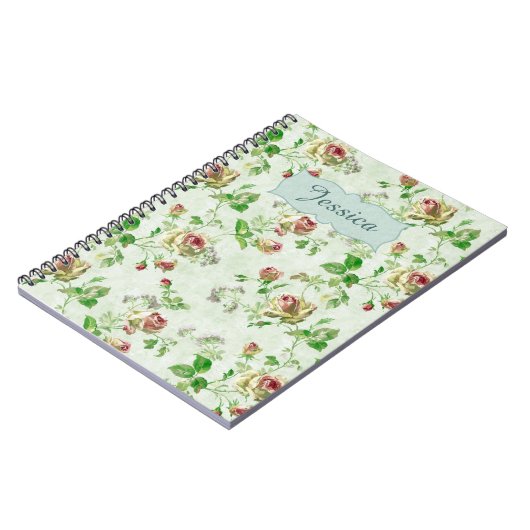 ヴィンテージフローラルパターンピンクローズパーソナライズされた ノートブック (左側)