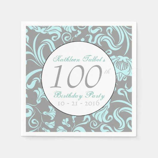 ヴィンテージフローラルパターン100誕生日紙ナプキン スタンダードカクテルナプキン (正面)