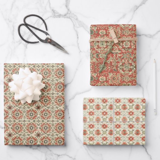 ヴィンテージフローラルパターンin暖赤,サンゴ ラッピングペーパーシート (正面)
