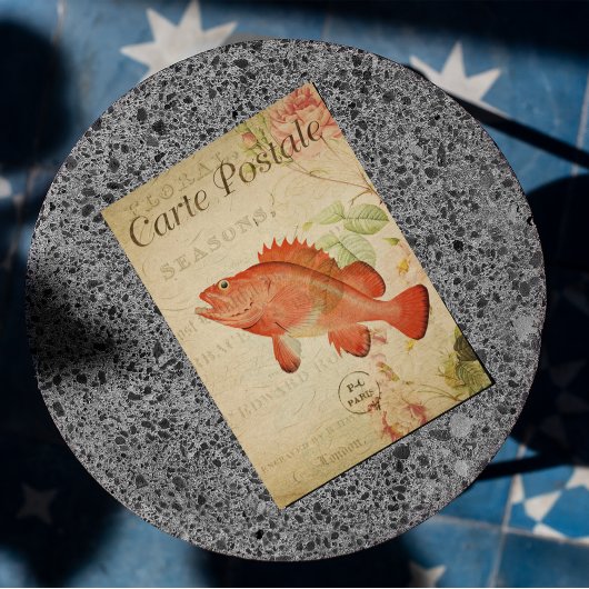 ヴィンテージフローラレッドフィッシュピンクローズフランスの葉書 ポストカード