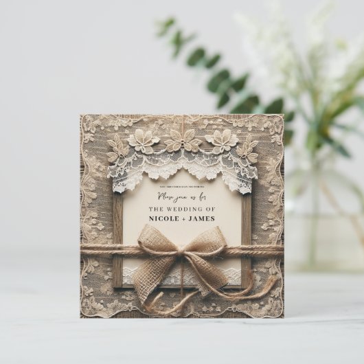 ヴィンテージフローラレースバーラップ素朴ボウ結婚ズ 招待状 (スタンド正面)