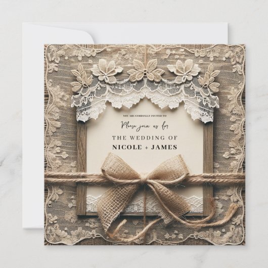 ヴィンテージフローラレースバーラップ素朴ボウ結婚ズ 招待状 (正面)