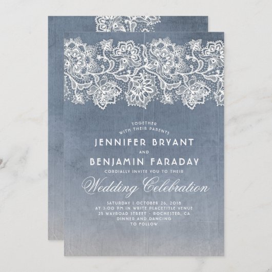 ヴィンテージフローラレース – ダスティブルー結婚ズ 招待状 (正面/裏面)