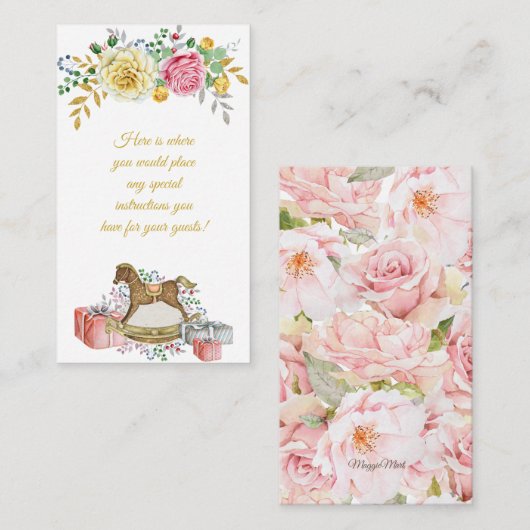 ヴィンテージフローラロッキングホースベビーシャワー エンクロージャーカード (正面/裏面)