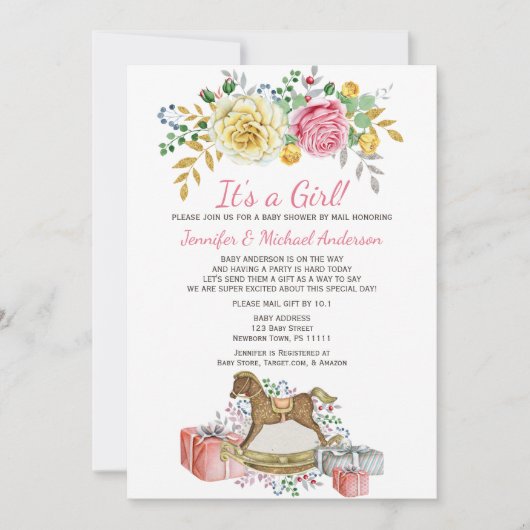 ヴィンテージフローラロッキング馬赤ちゃんシャワーbyメール 招待状 (正面)