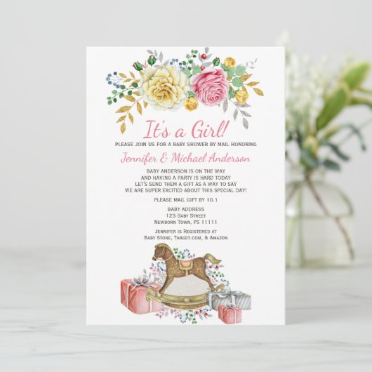 ヴィンテージフローラロッキング馬赤ちゃんシャワーbyメール 招待状 (スタンド正面)