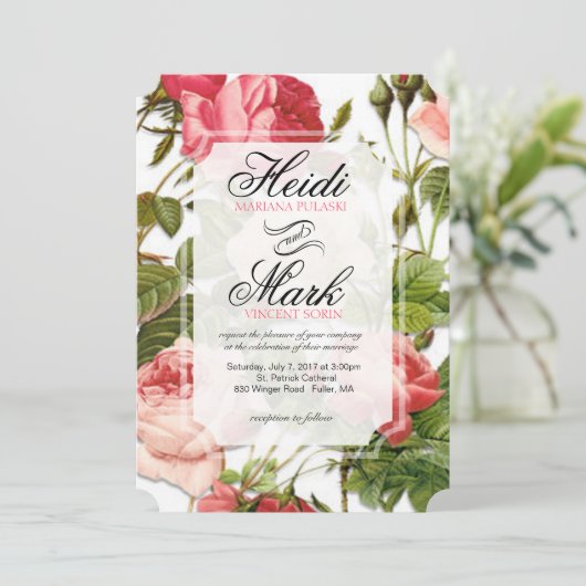 ヴィンテージフローラロマンスピンクローズ結婚ズ 招待状 (スタンド正面)