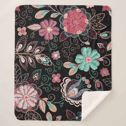 ヴィンテージフローラ刺繍ダークパターン シェルパブランケット (正面)