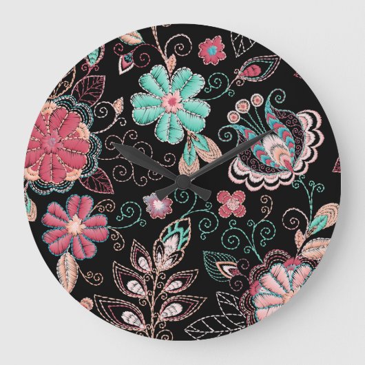 ヴィンテージフローラ刺繍ダークパターン ラージ壁時計 (正面)