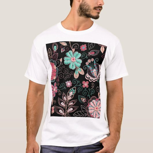 ヴィンテージフローラ刺繍ダークパターン Tシャツ (正面)