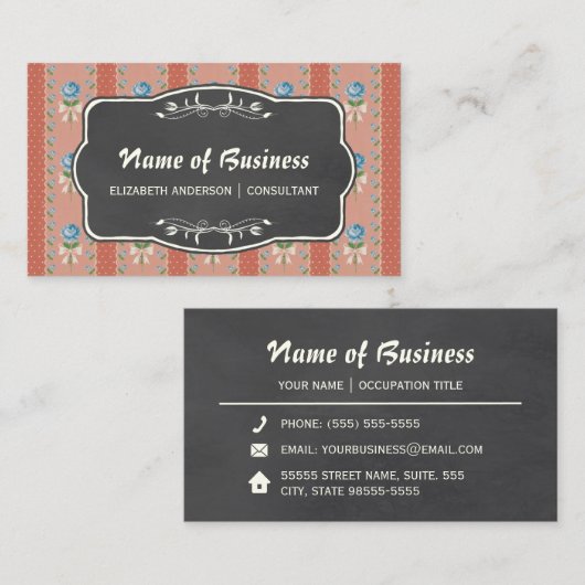 ヴィンテージフローラ壁紙ブルーバラと黒板 名刺 (正面/裏面)