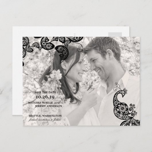 ヴィンテージフローラ孔雀の写真の日付を保存 案内ポストカード (正面/裏面)