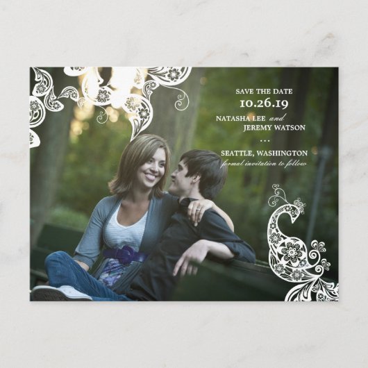 ヴィンテージフローラ孔雀の写真の日付を保存 案内ポストカード (正面)