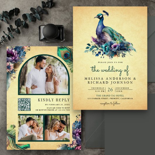 ヴィンテージフローラ孔雀フォトQRコー結婚ド 招待状