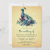 ヴィンテージフローラ孔雀フォトQRコー結婚ド 招待状 (正面)