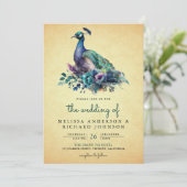 ヴィンテージフローラ孔雀フォトQRコー結婚ド 招待状 (スタンド正面)