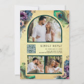 ヴィンテージフローラ孔雀フォトQRコー結婚ド 招待状 (裏面)