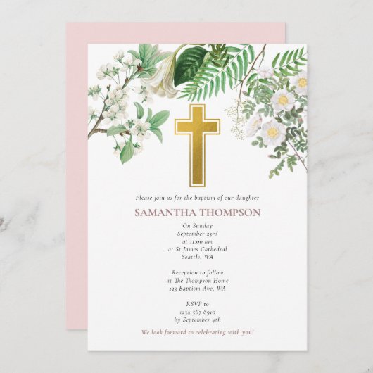 ヴィンテージフローラ宗教金ゴールドクロスバプテスマ 招待状 (正面/裏面)