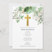 ヴィンテージフローラ宗教金ゴールドクロスバプテスマ 招待状 (正面)