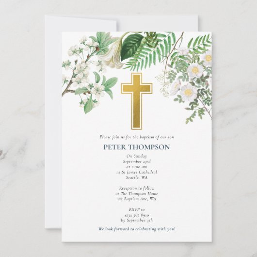 ヴィンテージフローラ宗教金ゴールドクロスバプテスマ 招待状 (正面)