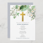 ヴィンテージフローラ宗教金ゴールドクロスバプテスマ 招待状 (正面/裏面)
