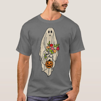 ヴィンテージフローラ幽霊かわいいハロウィングラフィックブーPu Tシャツ