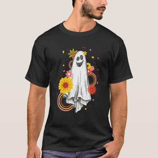 ヴィンテージフローラ幽霊かわいいハロウィーングラフィックおもしろいス Tシャツ (正面)
