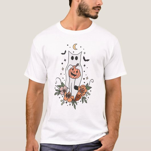 ヴィンテージフローラ幽霊キャットハロウィングラフィック Tシャツ (正面)