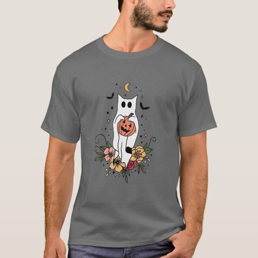 ヴィンテージフローラ幽霊猫かわいいハロウィングラフィック Tシャツ (正面)