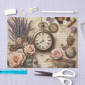 ヴィンテージフローラ時計と蝶のデコページ 薄葉紙 (クラフト)