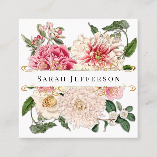 ヴィンテージフローラ植物学エレガント金ゴールド渦白 スクエア名刺 (正面)