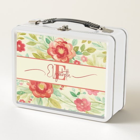 ヴィンテージフローラ水彩モノグラムエレガント メタルランチボックス (正面)