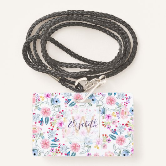 ヴィンテージフローラ水彩手絵を描デザイン バッジ (正面ランヤード)