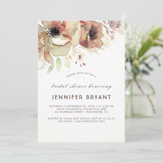 ヴィンテージフローラ水彩色秋ブライダルシャワー 招待状 (スタンド正面)