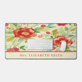 ヴィンテージフローラ水彩赤とベージュ デスクマット (キーボード&マウス)