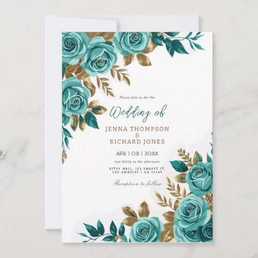 ヴィンテージフローラ水彩金ゴールド結婚ティール（緑がかった色） 招待状 (正面)