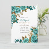 ヴィンテージフローラ水彩金ゴールド結婚ティール（緑がかった色） 招待状 (スタンド正面)