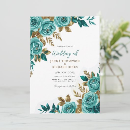 ヴィンテージフローラ水彩金ゴールド結婚ティール（緑がかった色） 招待状 (スタンド正面)