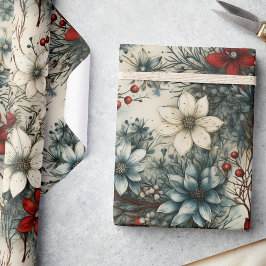 ヴィンテージフローラ水色クリスマスポインセチア ラッピングペーパー