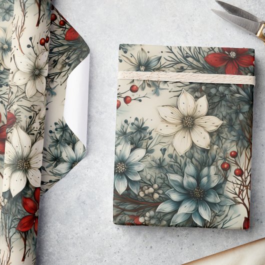 ヴィンテージフローラ水色クリスマスポインセチア ラッピングペーパー