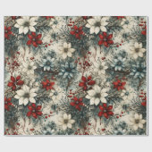 ヴィンテージフローラ水色クリスマスポインセチア ラッピングペーパー (フラット)