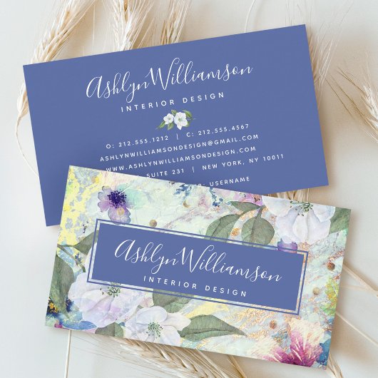 ヴィンテージフローラ水色スクリプトseaooam青金ゴールド 名刺