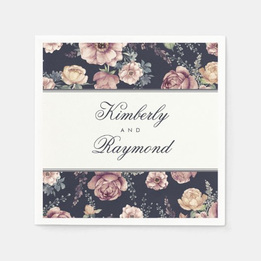 ヴィンテージフローラ水色ネイビーブルーとマウーブ スタンダードカクテルナプキン (正面)